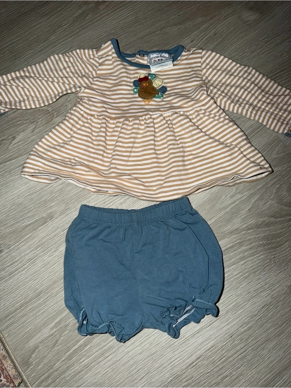 Striped Cream & Blue Baby Dress Set with Blue Diaper Cover